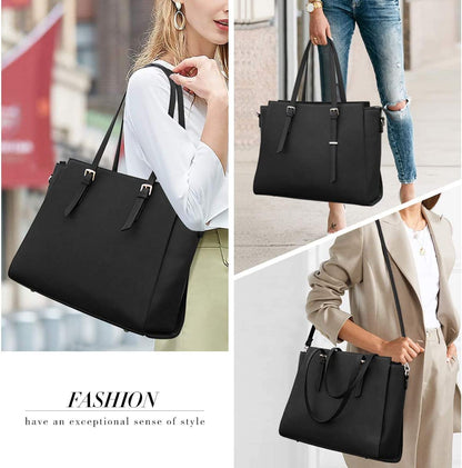 Laptop Bag for Women 15.6 Inch Waterproof Laptop Tote Bag with Makeup Bag Large Leather Computer Briefcase Womens Business Professional Office Work Bag Lightweight Shoulder Handbag, Deep Black