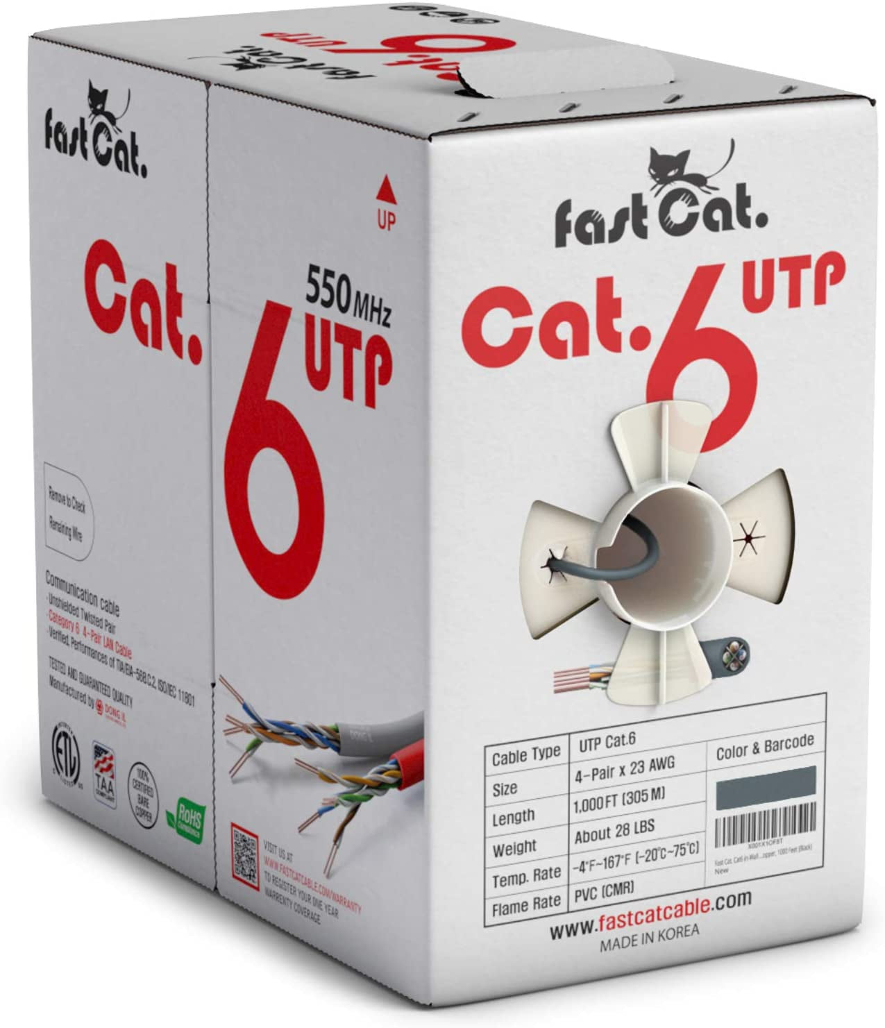 Cat6 Ethernet Cable 1000Ft - 23 AWG, CMR, Insulated Solid Bare Copper Wire Cat 6 Cable with Noise Reducing Cross Separator - 550MHZ / 10 Gigabit Speed UTP LAN Cat6 Cable 1000Ft - CMR (Gray)