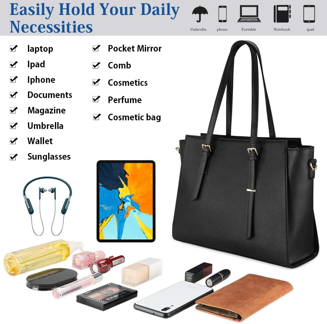 Laptop Bag for Women 15.6 Inch Waterproof Laptop Tote Bag with Makeup Bag Large Leather Computer Briefcase Womens Business Professional Office Work Bag Lightweight Shoulder Handbag, Deep Black