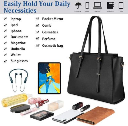 Laptop Bag for Women 15.6 Inch Waterproof Laptop Tote Bag with Makeup Bag Large Leather Computer Briefcase Womens Business Professional Office Work Bag Lightweight Shoulder Handbag, Deep Black