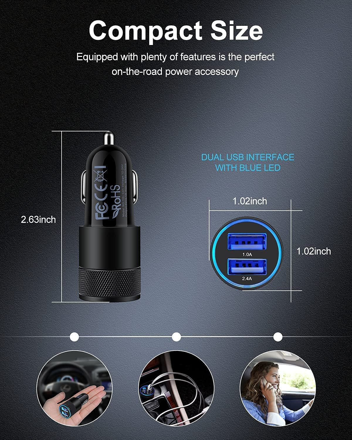 Fast Charge Dual Port Car Charger - 2 Pack, 3.4A USB Adapter for iPhone 15/14/13/12/11 Pro Max, iPad, Samsung Galaxy S23/S22/S21/S10 Plus & More