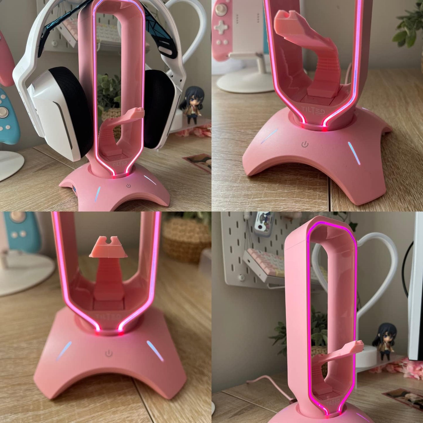 Gaming Headphone Stand | Pink Headset Stand | RGB Headset Holder for Desk with Mouse Bungee and USB Hub | Cute Headphone Stand for Gamer Girl Accessories