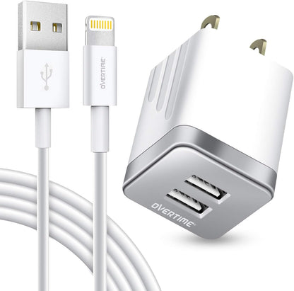 Iphone Charger Set, Apple Mfi Certified Lightning Cable with Dual USB Wall Adapter 2.4 AMP Compatible W/Iphone 11 Pro Max XS XR X 8 7 6S 6 plus SE Airpods Ipad (Silver/White, 6Ft)