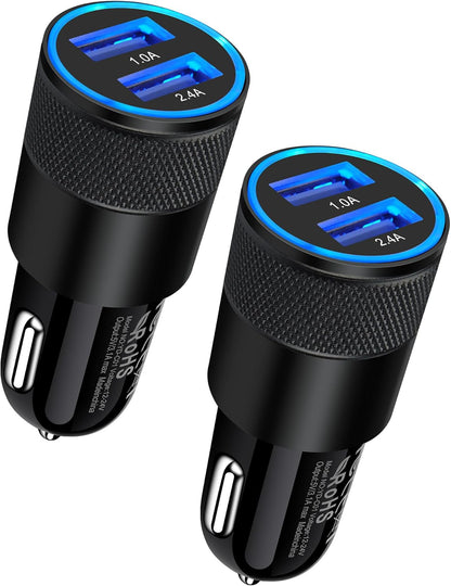 Fast Charge Dual Port Car Charger - 2 Pack, 3.4A USB Adapter for iPhone 15/14/13/12/11 Pro Max, iPad, Samsung Galaxy S23/S22/S21/S10 Plus & More