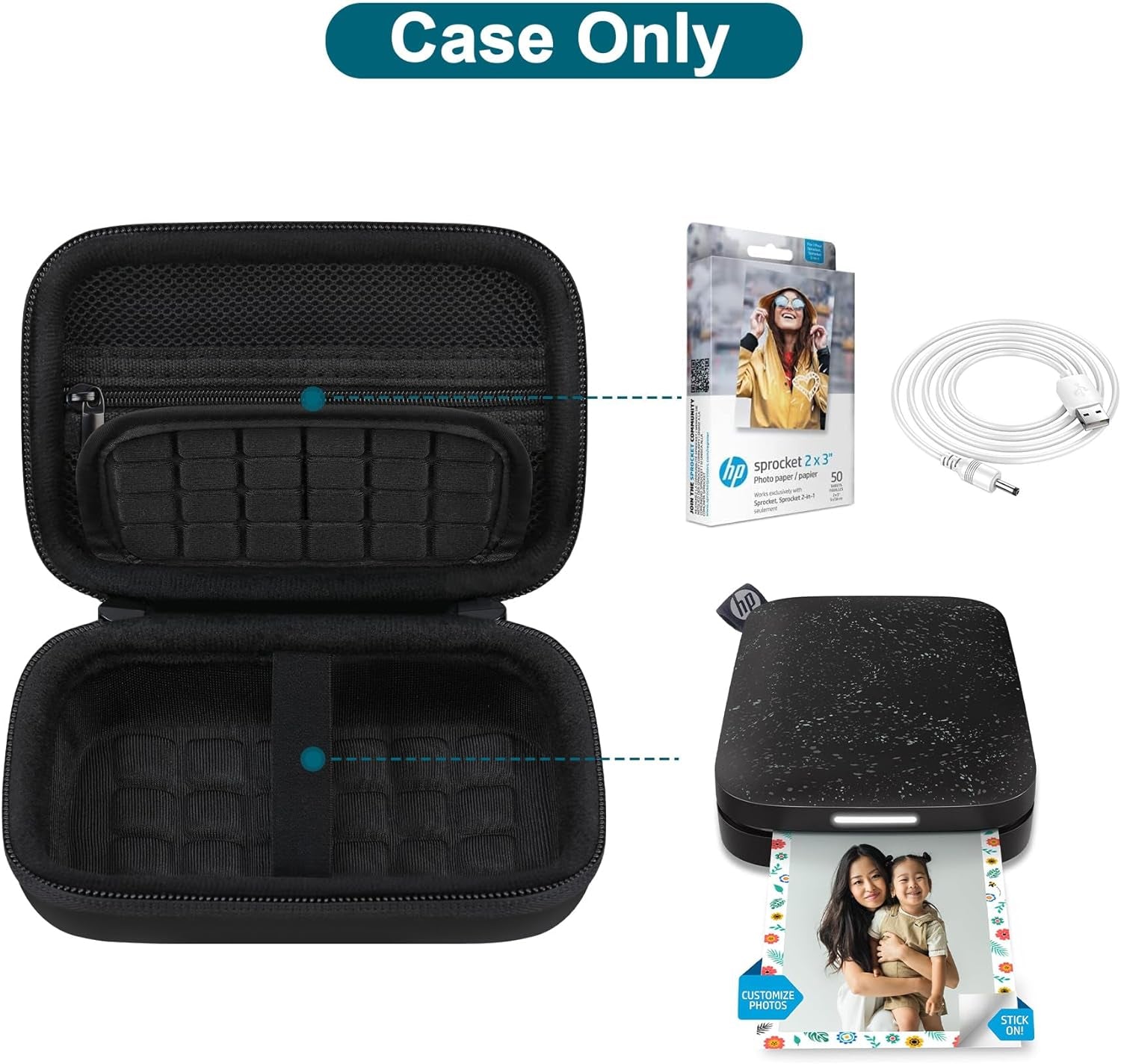 Hard Case for HP Sprocket 2X3 Portable Instant Photo Printer, Zipper Mesh Pocket Fits Photo Paper and Cable, Black