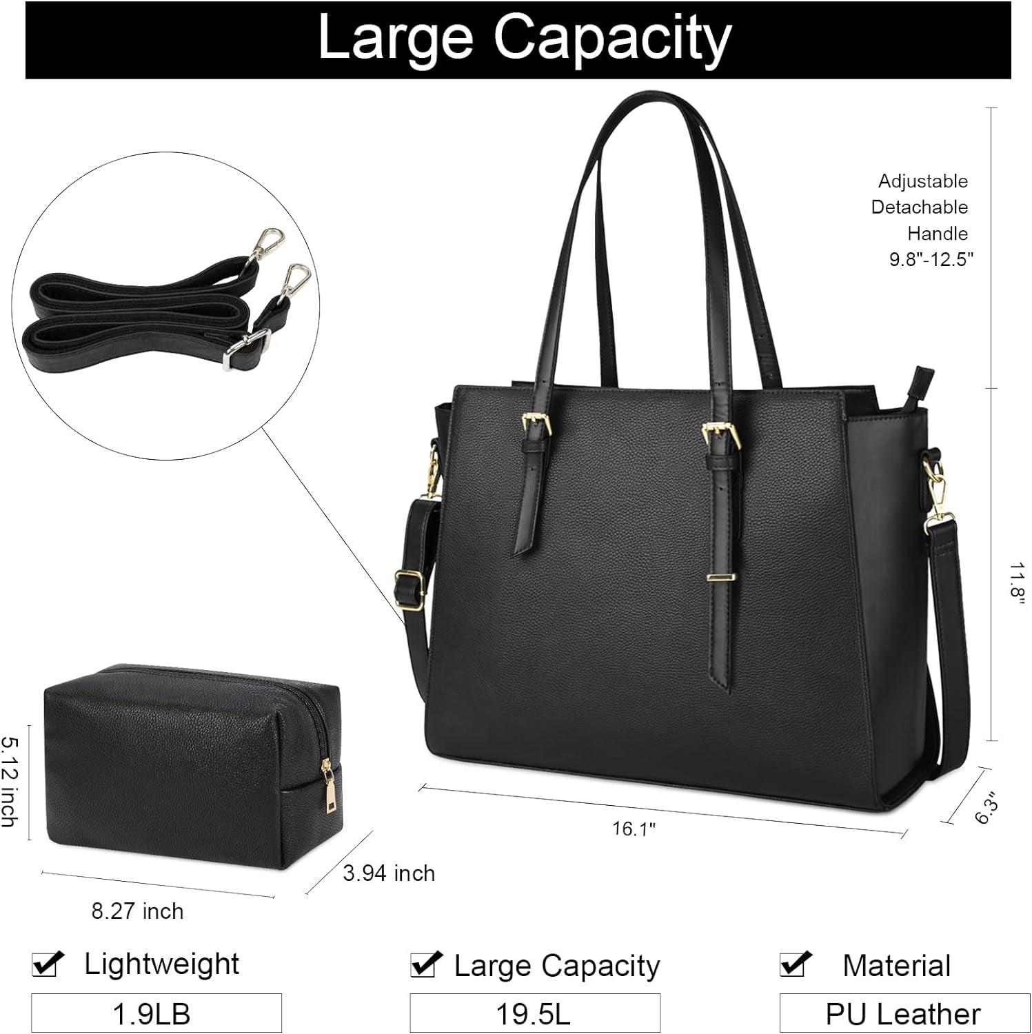 Laptop Bag for Women 15.6 Inch Waterproof Laptop Tote Bag with Makeup Bag Large Leather Computer Briefcase Womens Business Professional Office Work Bag Lightweight Shoulder Handbag, Deep Black