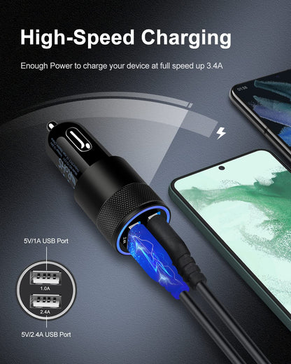 Fast Charge Dual Port Car Charger - 2 Pack, 3.4A USB Adapter for iPhone 15/14/13/12/11 Pro Max, iPad, Samsung Galaxy S23/S22/S21/S10 Plus & More