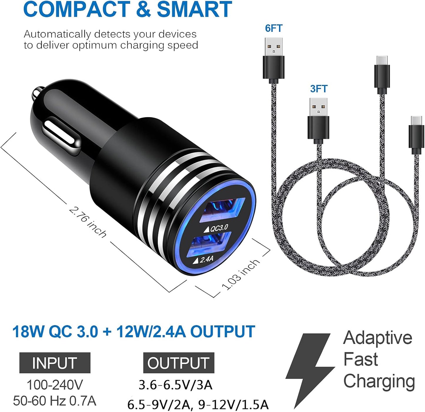 Type C Charger Fast Charger for Samsung Galaxy S25 S24 S23 S22 S21 A15 A54 A14 A53 A13,LG Stylo 6 5,Moto G Pure/G Power/G Stylus/G Play,Quick Charge 3.0 Car Charger Wall Adapter +3FT 6FT USB C Cable