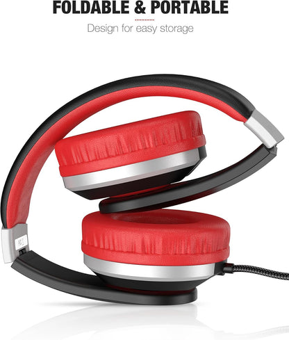 I41 Kids Headphones, Headphones for Kids Children Girls Boys Teens Foldable Adjustable on Ear Headphones with 3.5Mm Jack for Cellphones Computer MP3/4 Kindle School(Red/Black)