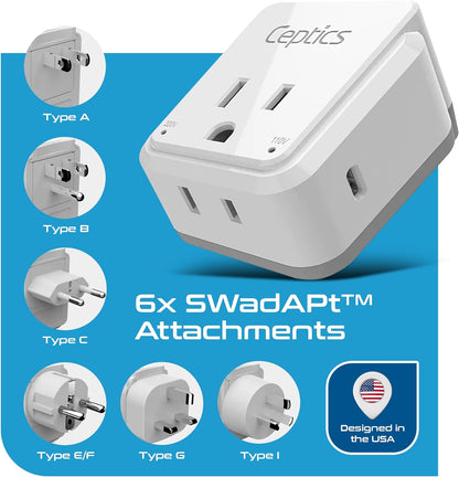 World Travel Plug Adapter Set, Safe USB-C 3.0-2 USA Socket,30W PD & QC - Compact & Powerful - Use in Europe Includes Type A, B, C, E/F, G, I Swadapt Attachments (PAK-30-WS)