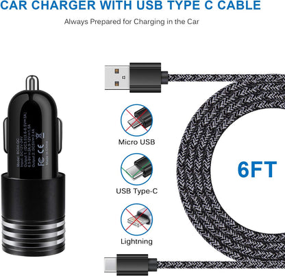 Type C Charger Fast Charger for Samsung Galaxy S25 S24 S23 S22 S21 A15 A54 A14 A53 A13,LG Stylo 6 5,Moto G Pure/G Power/G Stylus/G Play,Quick Charge 3.0 Car Charger Wall Adapter +3FT 6FT USB C Cable