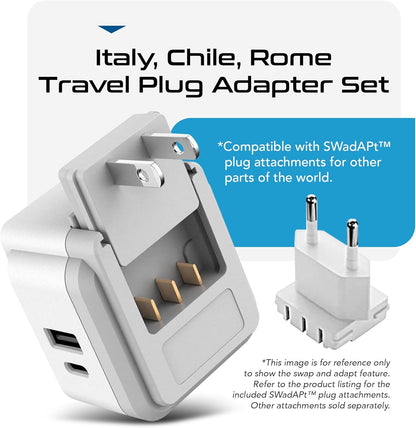 World Travel Plug Adapter Set, Safe USB-C 3.0-2 USA Socket,30W PD & QC - Compact & Powerful - Use in Europe Includes Type A, B, C, E/F, G, I Swadapt Attachments (PAK-30-WS)