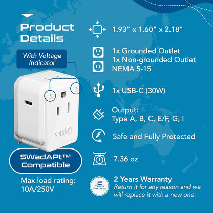 World Travel Plug Adapter Set, Safe USB-C 3.0-2 USA Socket,30W PD & QC - Compact & Powerful - Use in Europe Includes Type A, B, C, E/F, G, I Swadapt Attachments (PAK-30-WS)