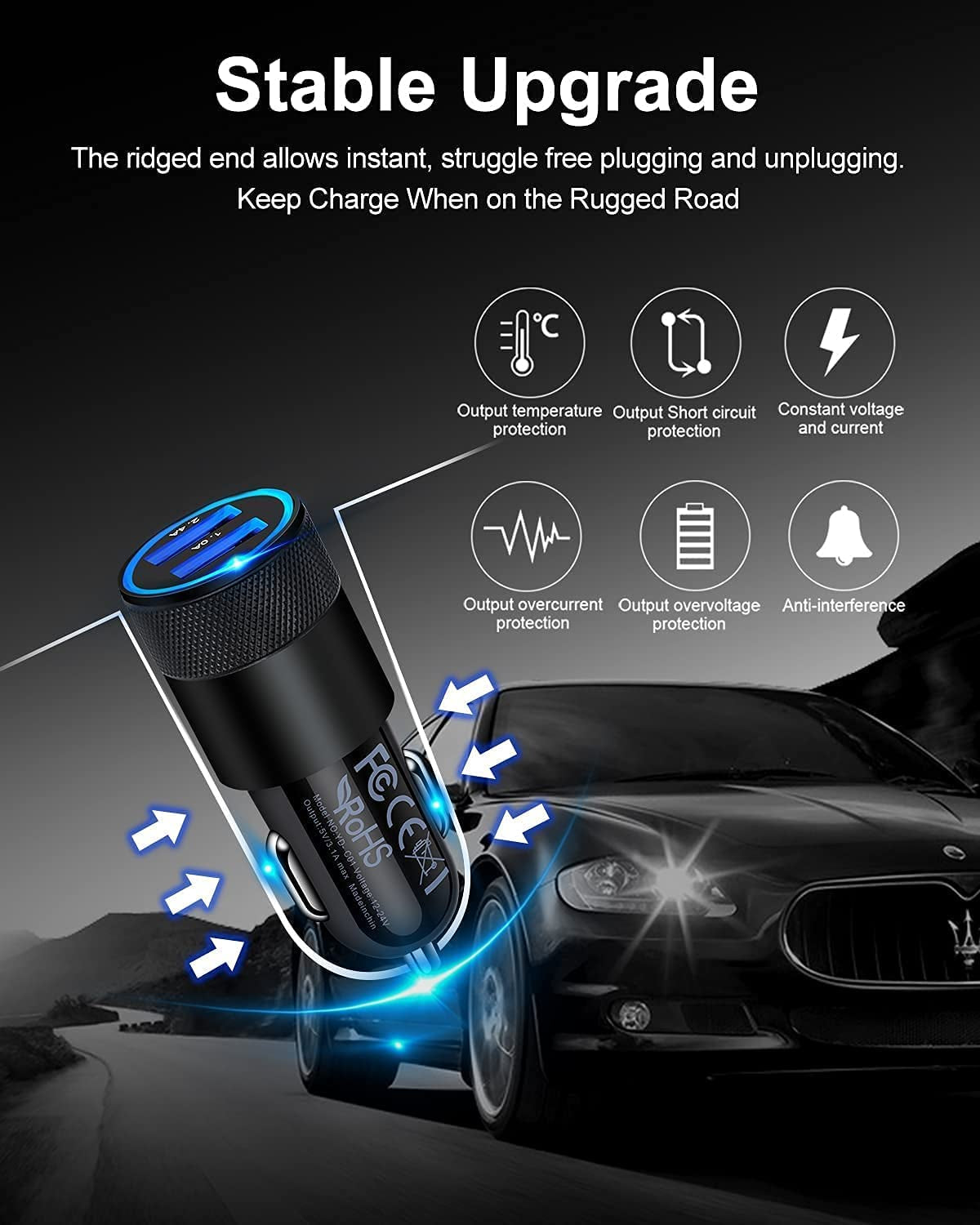 Fast Charge Dual Port Car Charger - 2 Pack, 3.4A USB Adapter for iPhone 15/14/13/12/11 Pro Max, iPad, Samsung Galaxy S23/S22/S21/S10 Plus & More