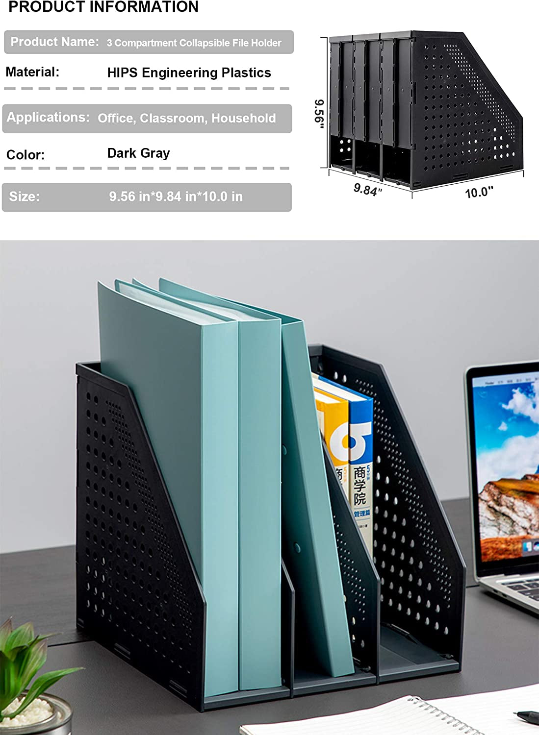 Collapsible Magazine File Holder/Desk Organizer for Office Organization and Storage with 3 Vertical Compartments, Dark Grey,