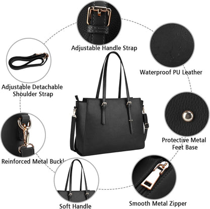 Laptop Bag for Women 15.6 Inch Waterproof Laptop Tote Bag with Makeup Bag Large Leather Computer Briefcase Womens Business Professional Office Work Bag Lightweight Shoulder Handbag, Deep Black