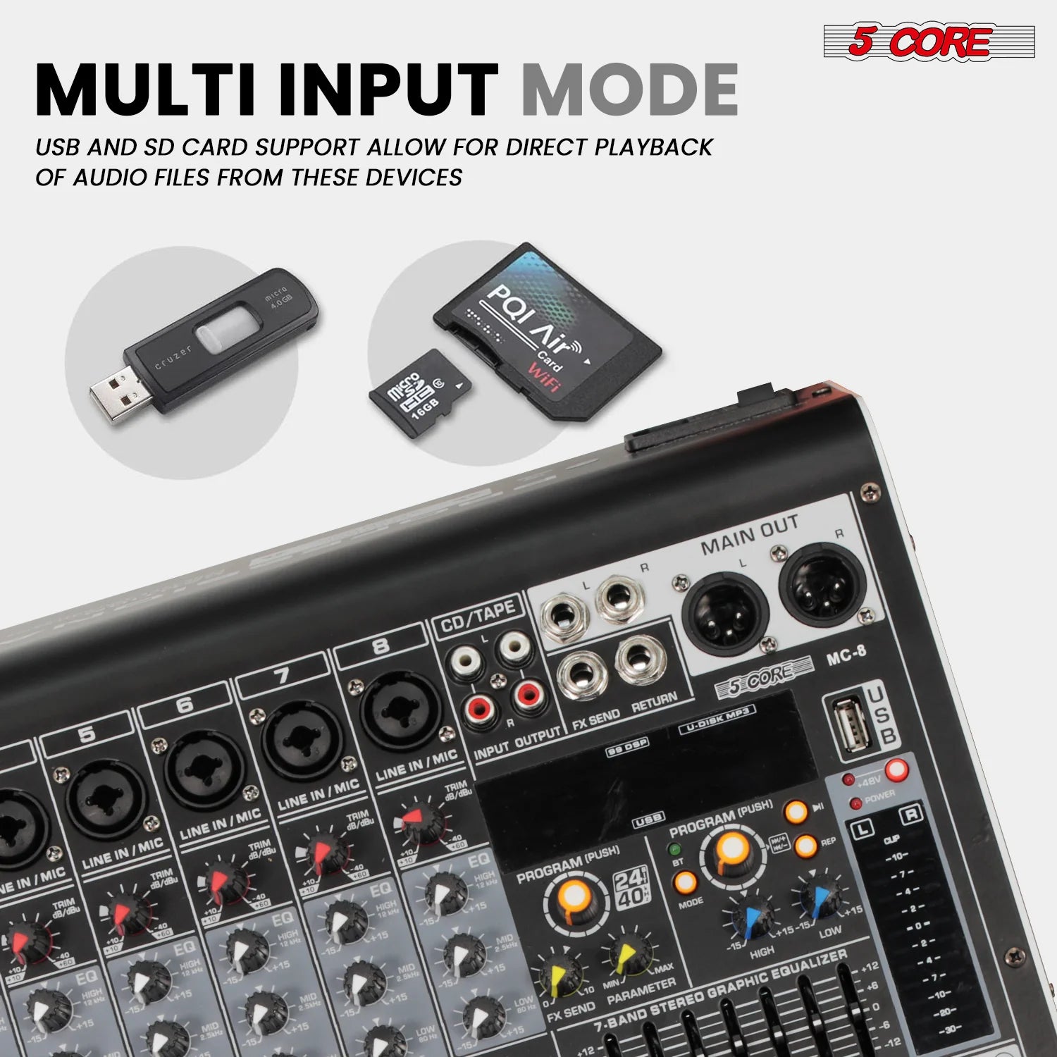 5 Core Audio Mixer 8 Channel DJ Equipment with Bluetooth USB Console Sound Board